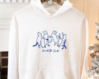 Cat Dance Graphic Inspired By Matisse Blue Line Art Hoodie Long Sleeve Unisex Minimalist Artist Apparel