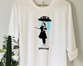 Banksy Umbrella Girl Art Hoodie And long Sleeve Minimal Street Art Design Unisex Cotton