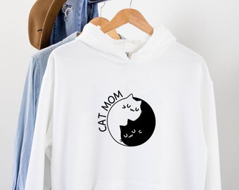 Cat Mom Hoodie, Yin Yang Cats Sweatshirt, Zen Cat Lover Gift, Mother's Day Gift From Cat, Cute Animal Pullover, Spiritual Mom Gift