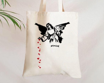 Graffiti Angel Tote Bag, Street Art Canvas Shopper, Banksy Style Wings, Urban Aesthetic Purse, Rebel Art Lover Gift, Cool School Book Bag