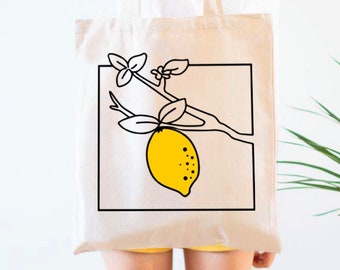 LEMON On The  BRANCH, Lemon Tote Bag, Lemons, Lemon Canvas Bag Tote, Aesthetics tote bag, Aesthetics, Retro, Line Drawing Handmade Tote Bag