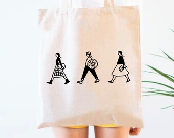 WALKING DUDES Tote Bag, Keep Walking, Friends, Friendship,Artsy Tote,Artist Gift Eclectic Bag,Hippie,Boho, Retro,Eco-friendly Bag,Canvas Bag