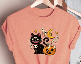 Pink Halloween Shirt, Spooky Cats Tee, Cute Ghost Cat Top, Kawaii Halloween Gift, Trick or Treat Shirt, Pastel Goth Aesthetic, Fall Season