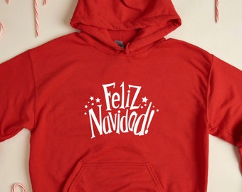 Feliz Navidad Hoodie, Spanish Christmas Long Sleeve Nochebuena Outfi Sudadera