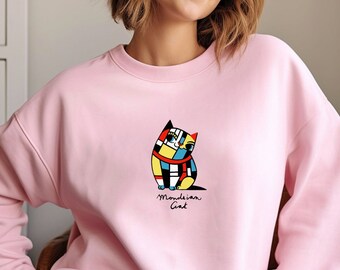 CAT of Mondrian Sweatshirt, Modern Art Cat Design, Abstract Art Sweatshirt, Artistic Pink Pullover, Museum Style Cat Apparel