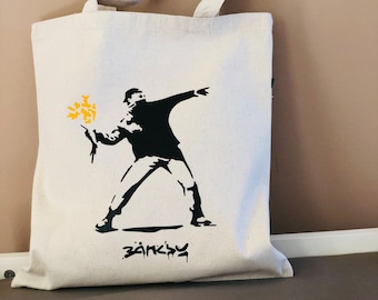 BANKSY Flower Thrower Bag, Banksy Art Bag, Banksy, Flower Thrower, Artist Tote Bag, Art Tote Bag,Artist Bag, Wall art, Aesthetics canvas bag