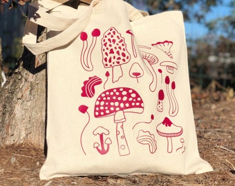 Red Mushroom Tote Bag, Cottagecore Aesthetic, Goblincore Gift, Botanical Canvas Shopper, Vintage Fungi Print, Forestcore School Bag