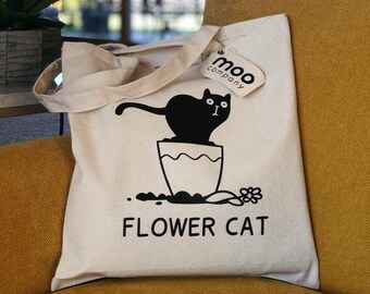 Funny Cat Tote Bag, Flower Cat Canvas Shopper, Plant Mom Gift, Gardening Lover Bag, Black Cat Art, Cute Animal Tote, Reusable Grocery Bag