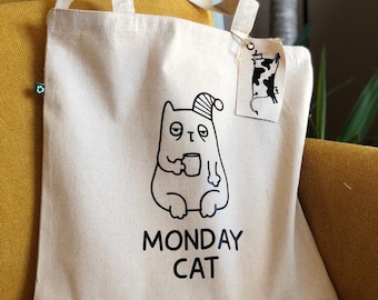 Funny Cat Tote Bag, Monday Cat With Coffee, Grumpy Cat Lover Gift, Caffeine Addict Canvas Bag, Work Humor Office Gift, Cute Student Book Bag