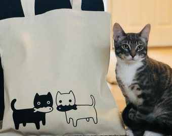 HUNGRY CATS Bag, Hungry Cats Tote, Cat Mom Tote Bag, Cat Mom Bag, Yummy Cat Bag, Black Cat Bag, White Cat Bag, Animal Tote, Birthday Gift