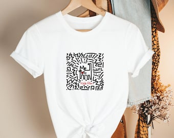 Pop Art Cat T-Shirt 80s Retro Graphic with Abstract Line Art Design Unisex NYC Street Art Style Minimalist Artist