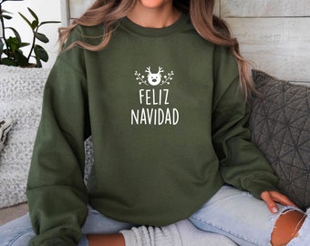 Feliz Navidad Sweatshirt, Spanish Christmas Reindeer Crewneck