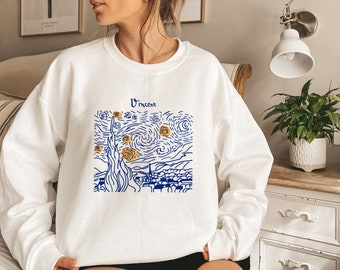 Van Gogh Starry Night Sweatshirt Abstract Line Art Vincent Design White Unisex Crewneck Artistic Aesthetic Pullover