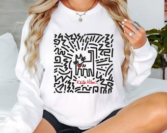 Pop Art Cat Longsleeve T-Shirt, 80s Retro Abstract Line Art Graphic Tee, Unisex NYC Street Art Style, Minimalist Artist Apparel Gift