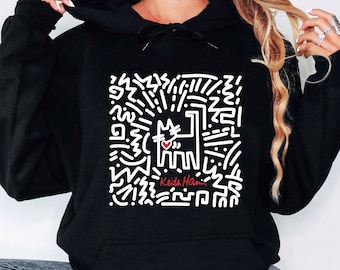 Pop Art Cat Hoodie Sweatshirt, 80s Retro Abstract Line Art Graphic Pullover, Unisex NYC Street Art Style, Minimalist Artist Apparel Gift