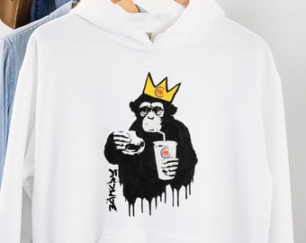 Banksy Style Monkey Hoodie, Graffiti Art Sweatshirt, Urban Streetwear, Cool Chimp With Burger, Edgy Fashion Gift, Hip Hop Style Pullover