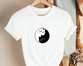 Yin Yang Cats T-Shirt Minimal Meditation Cat Graphic Balance Yoga Tee