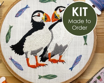 Intermediate Embroidery Kit | Atlantic Puffin | Iceland Sea Bird | Wildlife Embroidery | Learn to Embroider | Folk Art | Full Embroidery Kit