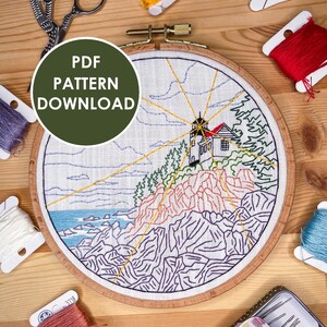 PDF Embroidery Pattern | Acadia National Park | Bass Harbor Lighthouse | PDF Tutorial | Embroidery Design | Art Project | Do it Yourself |