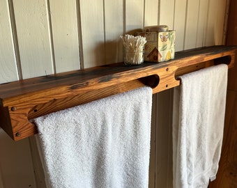 Rustic wooden towel rack, burnt wood bathroom towel rack, farmhouse towel rack, rustic bathroom shelf, country farmhouse towel rack
