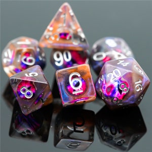 Scrying Eye | Pink and Blue Demonic Eye, Brown Translucent Resin Dice Set (7)