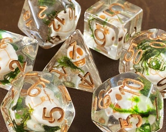 Mossy Bone Skull | Clear Resin with Green Sea Moss Resin Dice Set (7) | Dungeons and Dragons (DnD) Real Sea Moss Inside Each Die