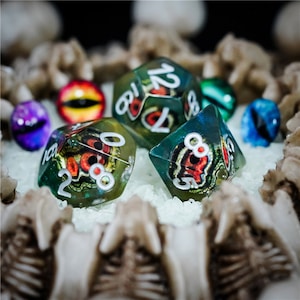Wyrmling | Green Demonic Eye, Clear Translucent Resin Dice Set (7) | Dungeons and Dragons (DnD)