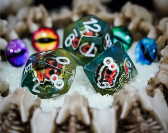 Wyrmling | Green Demonic Eye, Clear Translucent Resin Dice Set (7) | Dungeons and Dragons (DnD)