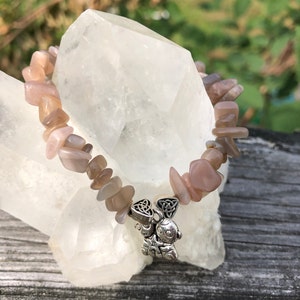 Brown Moonstone Chip Stretch Bracelet with Heart Charms and Gemini Twin Charm Protection Love Travel