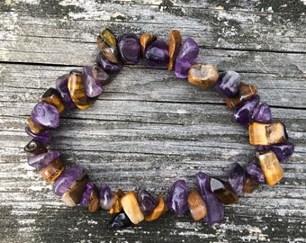Amethyst and Tiger&#39;s Eye Gemstone Bracelet Grounding Calming Protection