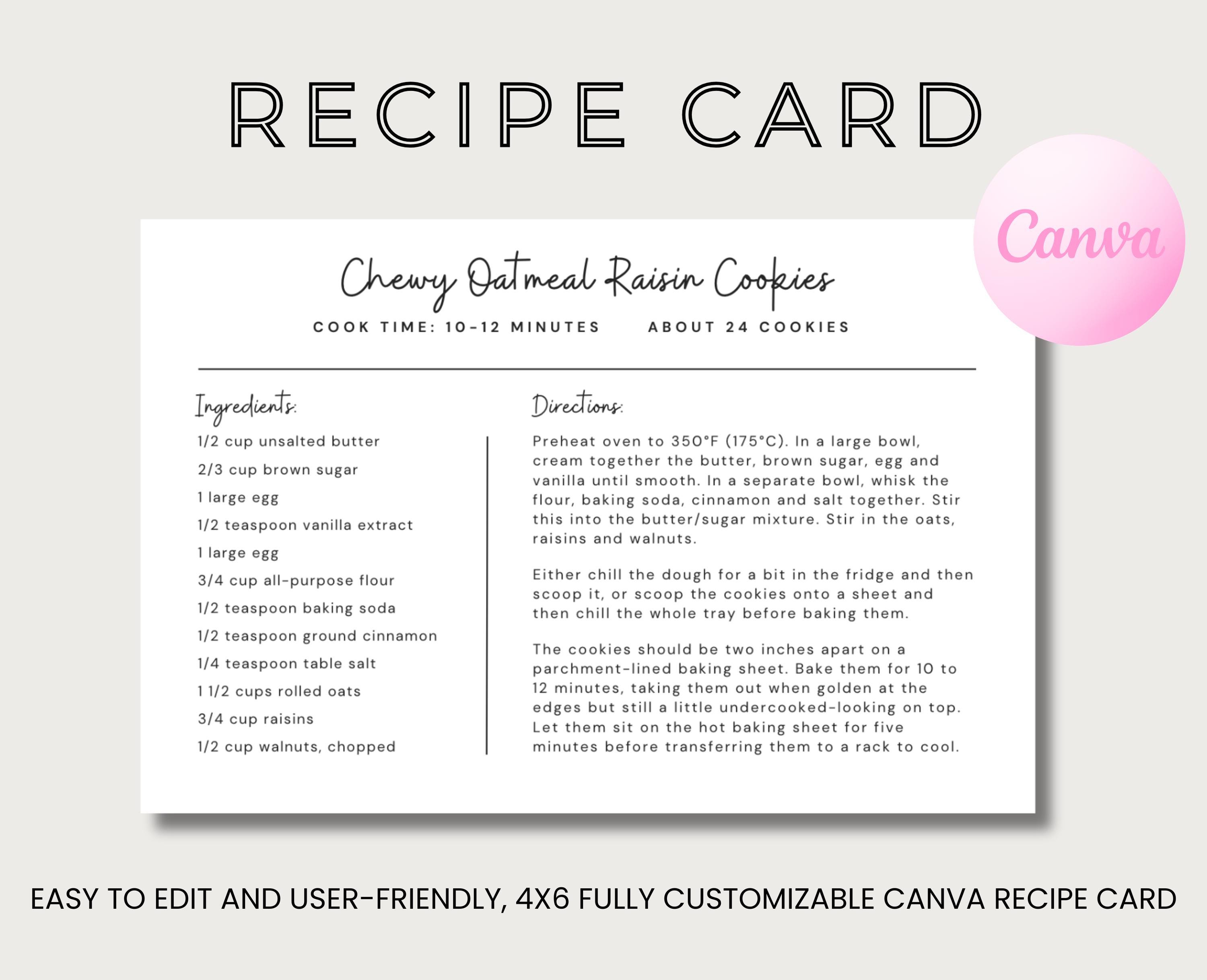 Mini Recipe Design Minimalistic Editable Recipe Card Template | Instant Digital Download ...