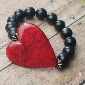 Heart Bracelet, Red Heart, Red and Black Bracelet, Valentine's Bracelet, Chunky Red Bracelet, Wood Bracelet, Hearts, Red Hearts, Red Jewelry