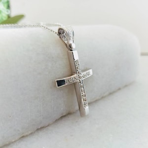 14k Gold Kreuz.Taufe Weißgold Kreuz.Kreuz für Mädchen.Swarovski Stein Gold Kreuz.K14 Kreuz.Christian Kreuz Anhänger.Minimal Weißgold Kreuz