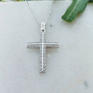 14k Gold Kreuz.Taufe Weißgold Kreuz.Kreuz für Mädchen.Swarovski Stein Gold Kreuz.K14 Kreuz.Christian Kreuz Anhänger.Minimal Weißgold Kreuz