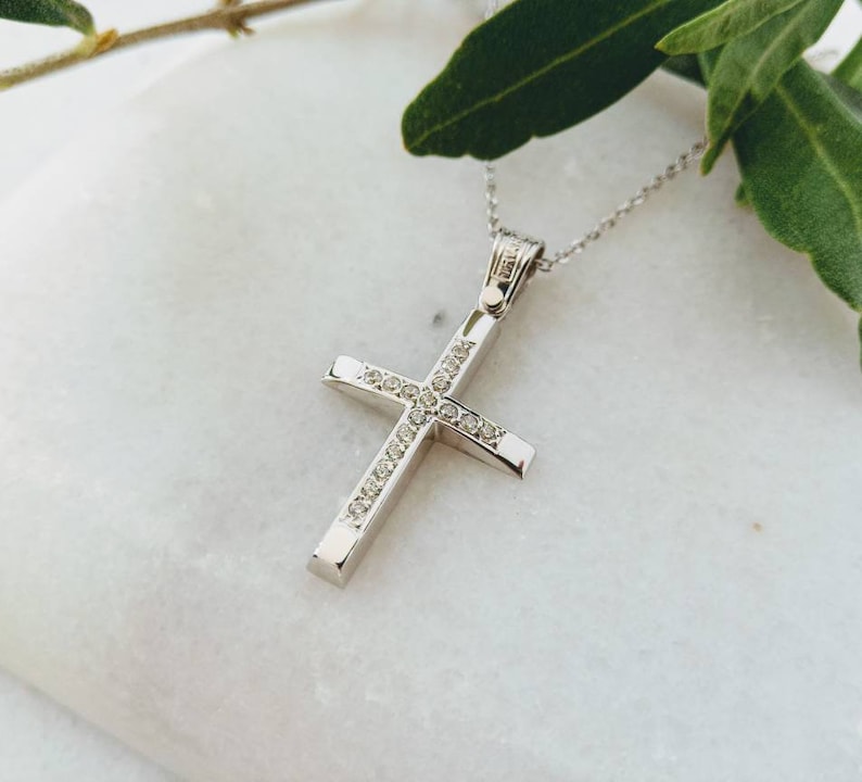 14k Gold Cross.baptism White Gold Cross.cross for Girl.swarovski Stone