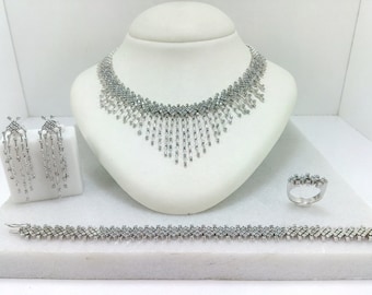 K14 White Gold Set.Multi Stone Necklace, Earrings, Bracelet and Ring in 585.Imressive Marriage Set of Jewelry.Anniversary Gift for Her.