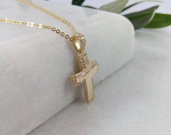 14k Gold Cross.Baptism yellow gold cross.Cross for girl. Cross for Women.Swarovski stone Gold Cross.Christian cross pendant.Greek cross