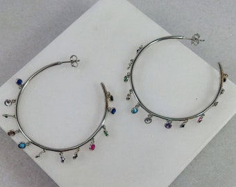 Multi color earring rings. Silver 925 Earrings. Women earrings rings.