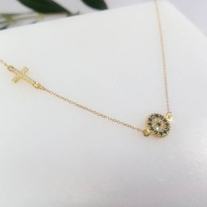 Gold Necklace.K9 Gold Pendant with Cross. Evil Eye Necklace. Yellow Gold. Gift for Her. Minimalist Style.Birthday Present. Target Pendant.