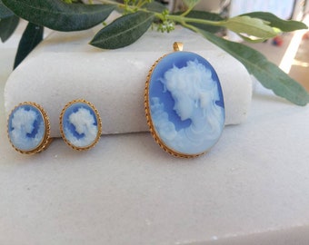 18k Gold Blue Agate stone.Cameo pendant/Brooch.Carved by hand Lady Profile.Gold K18.Cameo.Pendant.Pin.Brooch.Greek Jewelry.