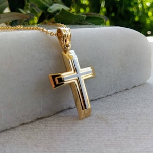 Zwei Farben K14 Goldkreuz.Taufe Gelb und Weißgold Kreuz.Kreuz für Jungen.Baptist Goldkreuz.K14 Goldkreuz.Mann Kreuz.Christian Anhänger