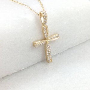 14k Gold Cross.Baptism yellow gold cross.Cross for girl. Cross for Women.Swarovski stone Gold Cross.Christian cross pendant.Greek cross