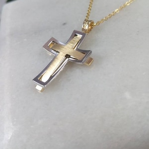 Two-colors K14 Gold Cross.Yellow and White gold. Double Sided K14 Gold Cross.Cross for boy.Baptism gold cross.Man&#39;s Cross.Christian pendant.