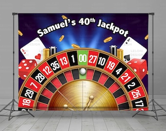 Casino Birthday Backdrop Banner, Roulette Wheel, Jackpot, Poker Game Card, 777, Las Vegas, Gambling, Anniversary, Custom Theme, Photo Booth,