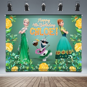 May include: A green and yellow birthday backdrop featuring two princesses from the movie Frozen, with the text "Happy 4th Birthday Chloe!"