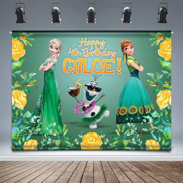 Frozen Fever Backdrop Banner, Summer Frozen, Anna and Elsa, Olaf, Green Background, Birthday Party, Background, Photo Booth,