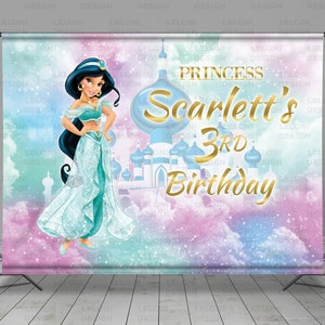 Princess Backdrop Banner, Aladin Theme, Arabian Castle, Turquoise Purple, Gold Writing, Custom, Kids Party, Editable, Photo Booth