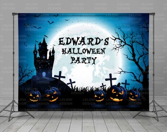 May include: Halloween party backdrop featuring a spooky scene with a castle, pumpkins, and a full moon. The text "EDWARD'S HALLOWEEN PARTY" is displayed prominently. The backdrop is supported by a metal stand.