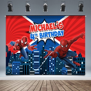 Spider man Backdrop Banner, Spider-man Birthday Background, Superhero Theme, Skyline, Cityscape, photo Booth, Vinyl Print, image 1