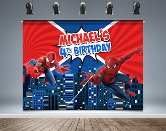 Spider man Backdrop Banner, Spider-man Birthday Background, Superhero Theme, Skyline, Cityscape, photo Booth, Vinyl Print,